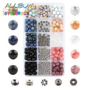 Kits para hacer joyas con cuentas, caja de almacenamiento, cuentas de piedra natural, ágatas, hilo elástico de cristal, cuentas de piedra a granel para joyería hecha a mano DIY