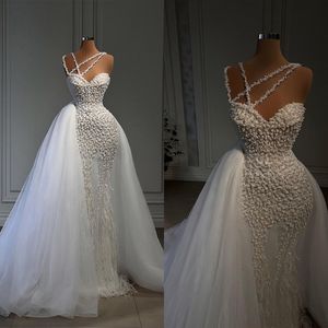 Vestidos De Novia árabes De sirena con cuentas, vestidos De Novia florales con plumas a medida, Vestidos De Novia