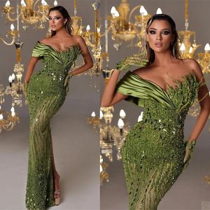 Kralen zeemeermin prom jurken sexy crystal green kleermaker gemaakt een schouderavondjurken hoge dij split robe de mariee