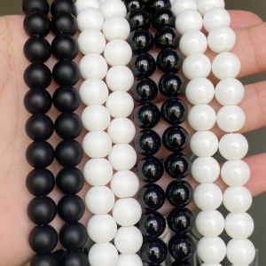 Perles Natural Black Blanc Agates perles ternes polonaises Matte onyx Agates Round Loose Perles pour les bijoux Making DIY Bracelets 15 