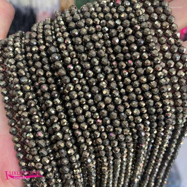 Perles pierre de pyrite naturelle en vrac petite haute qualité 2/3/4mm à facettes forme ronde bijoux à bricoler soi-même accessoires 38cm Wk347