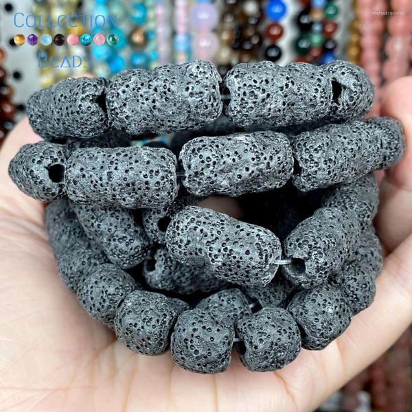 Cuentas de piedra Natural, cilindro negro, roca volcánica, Lava, espaciador suelto para fabricación de joyas, 11, 12, 20MM, accesorios de pulsera DIY