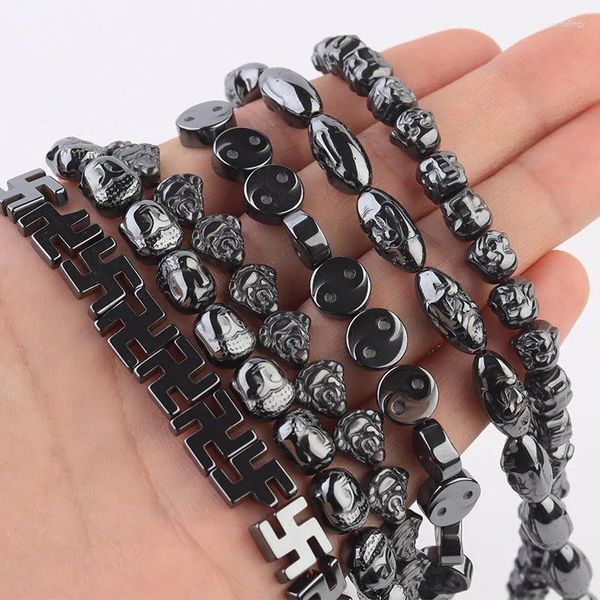 Perles pierre naturelle Maitreya bouddhisme tête Guanyin hématite noire perles entretoises en vrac pour bijoux à bricoler soi-même faisant Bracelet 15''