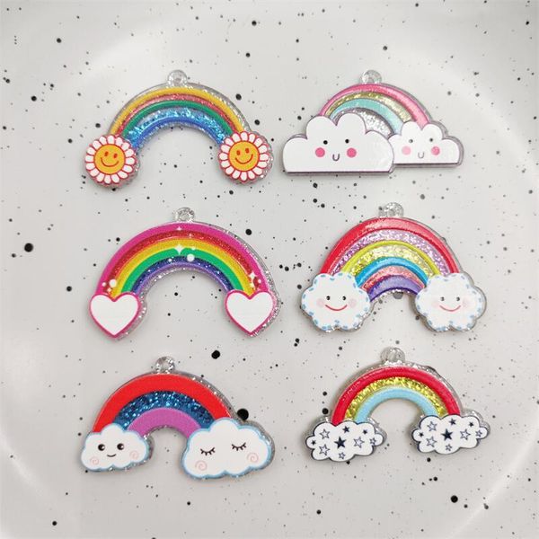 Cuentas Nuevo estilo 50 unids/lote patrón de colores estampado brillo dibujos animados forma de arco iris cuentas acrílicas joyería diy pendiente/prenda/accesorio para el cabello