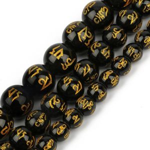 Perles Six mots Mantra prière Feng Shui noir obsidienne Agate ronde bouddha pour Bracelet à bricoler soi-même fabrication de bijoux accessoires 15''