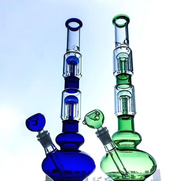 Bécher Bongs Narguilés Double Couche Bras Arbre Perc Dab Plate-Forme Pétrolière Bong En Verre Droit Diffus Downstem Tall GB1218 Vert Bleu Coloré