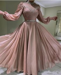 Bean Pink A-line Vestido formal de noite 2023 Transparente Gola alta Pérolas Mangas de chiffon FMuslim Vestidos de baile de formatura Robe De Soiree Vestidos de festa