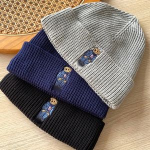 Gorro de punto para hombre, gorro de lana de color sólido con letras clásicas para mujer, gorros para hombre, gorro de invierno con bordado de oso Polo simple