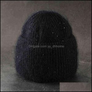 Chapeaux de capuchons beanie / skl chapeaux, foulards gants accessoires de mode lapin fur moelleux chapeau hiver doux pour femmes cachemire casquette femelle tricot