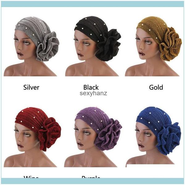 Beanie / Skl Sombreros Sombreros, Bufandas Guantes Moda Mujeres Gorras Musulmanas Con Cuentas Brillo Turbante India Gorra Flor Grande Diadema Cabello Perder Cabeza Envolturas St