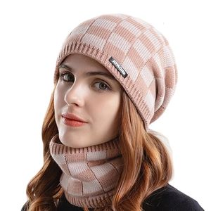 Bonnet/Casquette de crâne Bonnet chapeaux écharpe ensemble chaud tricot chapeau crâne casquette cagoule femme hiver cou plus chaud épais polaire doublé Bobble chapeau pour les femmes 231019