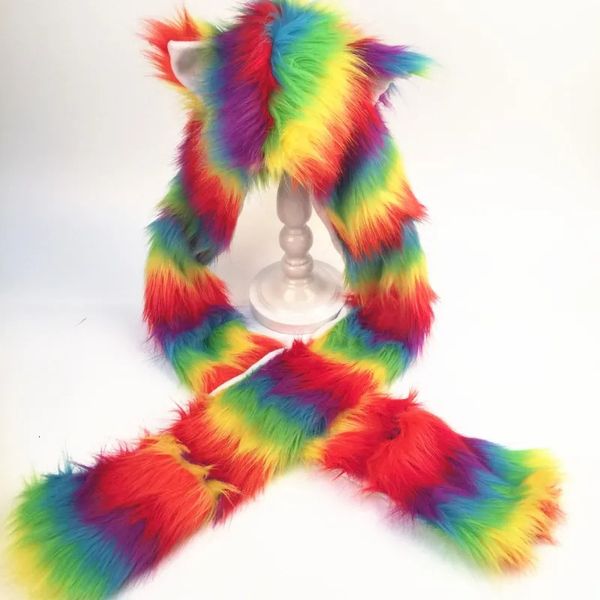 Bonnet Skull Cap Rainbow Stripes Furry Animal Sweat à capuche Chapeau Fluffy Peluche Oreilles Pattes 3 en 1 Multifonctionnel Earflap Cap Écharpe Gants Earmuff 231202