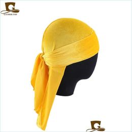 Bonnet / Casquettes De Tête De Mort 12 Couleurs De Luxe Unisexe Veet Durags Bandana Turban Chapeau Pirate Caps Perruques Doo Durag Biker Chapeaux Bandeau Yydhhome Dhdsv