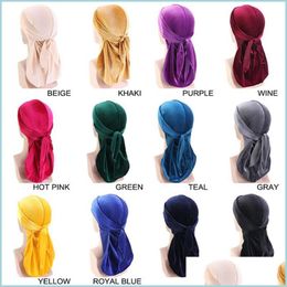 Beanie / Skull Caps 14Colors Luxury Unisex Veet Durags Liners Bandana Turban Long Strap Pirate Caps Pelucas Doo Durag Biker Headwear Head Dhb3B