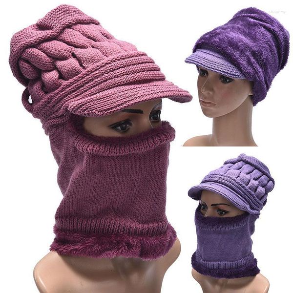 Gorro/Gorras de calavera 1x gorro de lana cálido de invierno con babero y protección para los oídos tejido de piel para abrigo bufanda boina gorra para mujer Oliv22