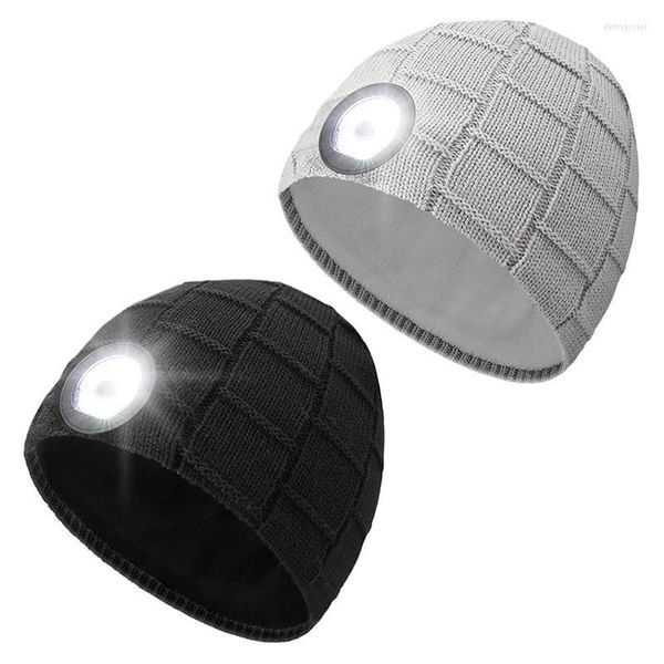 Beanie/Gorros de calavera 2 piezas Beanie con luz LED USB recargable Unisex Headlamp Sombrero de invierno de punto para correr Senderismo Delm22