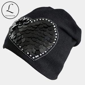 Beanie / Skull Caps 2021 Mujeres Gorros de invierno Algodón Poliéster Mezclado Beanie Slouch Sombrero cálido Rhinestone Ladies Cap Black Bonnet Hats Cap1