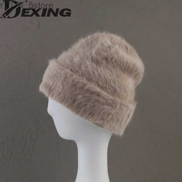 Bonnet/Skull Caps 2022 Angora lapin fourrure chapeau d'hiver pour les femmes tricoté moelleux bonnet dames mode chaud en peluche crâne femmes épais polaire chapeaux YQ231108