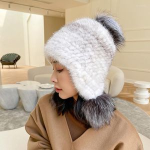 Beanie/Skull Caps 2022 Elastische gebreide muts Handgemaakte echte hoed met POM Echte Snow Cap Bonnets For Women Designer CHUR22
