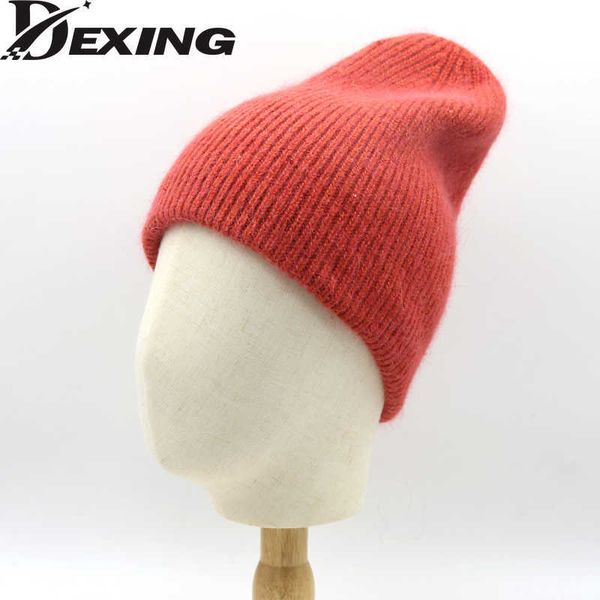 Bonnet / Skull Caps 2022 Mode Angora Doux Cachemire Chapeau D'hiver Femmes Paillettes De Fourrure De Lapin Solide Shine Beanie Dames Épais Chaud Skullies Chapeau Tricoté T221020