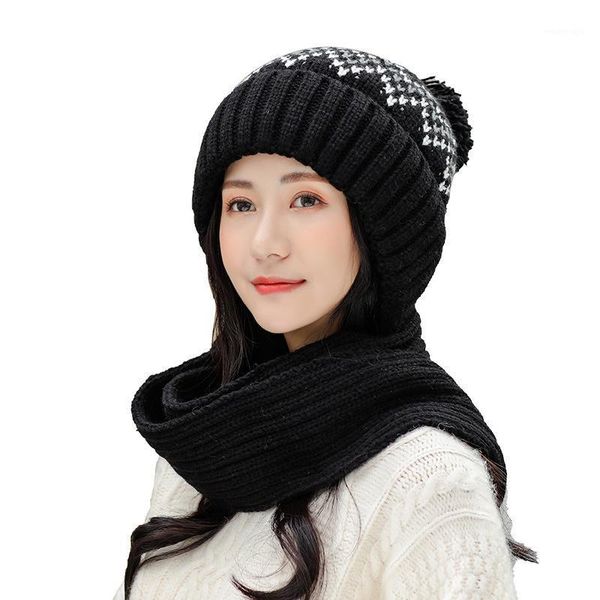 Beanie / Skull Caps 2022 Moda Lana Sombrero Bufanda Conjunto Gorro de punto para mujer Babero de dos piezas Otoño Invierno Mujer Color cálido Contraste Traje de cuello de punto