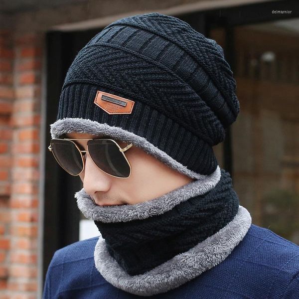 Beanie/Gorras de calavera 2022, gorro de invierno para mujer, tejido cálido, babero a prueba de frío, conjunto de dos piezas, terciopelo ártico grueso, interior, Simple, para adultos, Delm22 para hombres