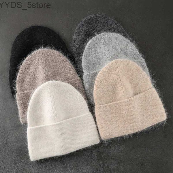 Bonnet/Skull Caps 2023 Angora hiver chapeau pour femmes couleur unie réel lapin fourrure bonnets femme doux tricoté Bonnet femme chaud Ski Skullies bonnets YQ231108