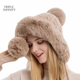 Beanie Skull Caps 2023 Sombrero de invierno femenino Agregar pelusa forrada Gorros cálidos a prueba de viento con lindas bolas de pelo Protección para los oídos al aire libre Sombreros de lujo para mujeres 231117