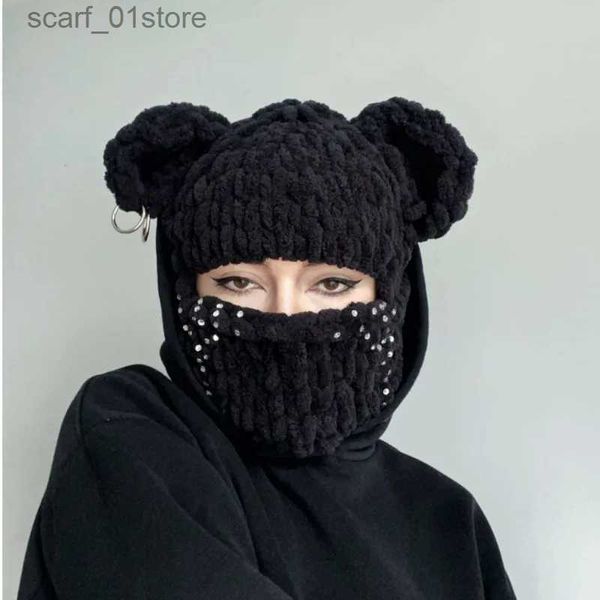 Bonnet / Crâne Casquettes 2023 Nouveauté Ours Oreille Balaclava Bonnets Chaîne En Plein Air Ski Chapeau D'hiver pour Femmes Oreille Protection Tricoté HatL231202