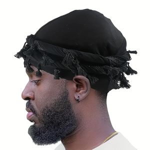 Bonnet Skull Caps 2023 Vintage Twist Head Wraps Durag avec gland pour hommes noir gris Turban écharpe cravate garçons enveloppe de cheveux 231123