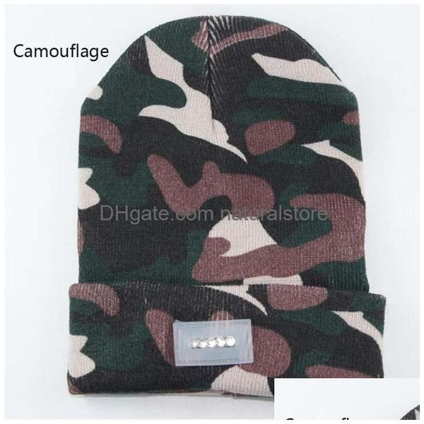 Bonnet / Casquettes de tête de mort 5 Led Bonnets émettant de la lumière Bonnet en tricot acrylique Mains d'hiver Chaud Pêche à la ligne Cam de chasse en cours d'exécution 13 couleurs Drop Delivery Dho3O