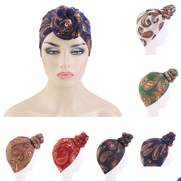 Bonnet / Crâne Caps Africain Imprimer Femmes Musulmanes Twist Noeud Turban Bonnet Cap Head Wrap Long Stretch Hijab Femme Écharpe Turbante Dhgarden Dhsni