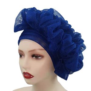 Gorro/Gorras de calavera Ya hechas Headtie africana Nigeria Auto Geles Lady Head Wraps Gorra de turbante de malla de verano para mujer con diseño de volantes laterales 230826