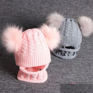 Bonnet / Skull Caps Automne et hiver bébé tricot chapeaux mignon enfant casquette 5 couleurs enfants bonnet casquettes double boule enfants laine chapeau écharpe S Dhgu5