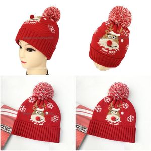 Bonnet / bouchons de crâne d'automne chapeau de Noël d'hiver flocon de neige jacquard motif roux ourlet rouges boulettes de boule de laine grande fille femme tricot tricot dhgch