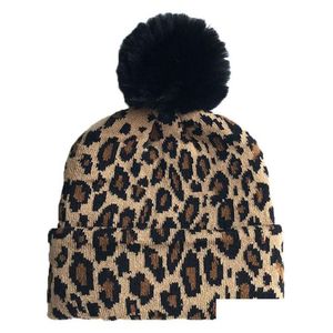 Beanie/calavera gorra otoño invierno niños adt leopardo sombrero tejido pelota de piel falsa niños calientes skl gorro de caída