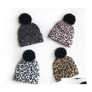 Beanie/Skull Caps Autumn Winter Kids Dames Luipaard Gebreide hoed Faux bont Ball Lady Warm Beanies Drop Delivery Mode Accessoires Ha Dh2nn