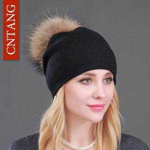 Bonnet Skull Caps Automne Hiver Tricoté Laine Chapeaux Pour Femmes Mode Pompon Bonnets Fourrure Chapeau Femme Chaud Avec Naturel Véritable Raton Laveur Cap 230831