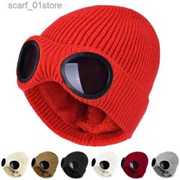 Bonnet / Skull Caps Automne Hiver Femmes Tricoté Chapeau Coupe-Vent Lunettes De Soleil Épaissi Peluche Ski CS Unisexe Jeunesse Européenne Américaine Chaud Laine HatsL231202