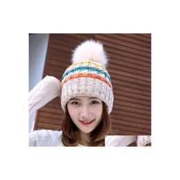 Beanie/Skull Caps Autumn Winter Dames gebreide hoed wollen bal fleece beanies cap dame gebreide warme haakhoeden drop levering mode ac dhxou