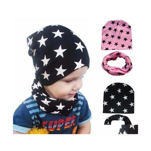 Beanie/Skull Caps Baby Hat Sjang Set Solid Color Cap for Boys Girls Cotton Children Beanie Star Gedrukte Kinderen Sjaals Winterveer 3 Otqbe