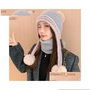 Beanie/Skull Caps Beanie/SKL Fall and Winter Geveted Oor Protection Knitted Wool Hat Ladies Mode Hangende bal Warm Neck Set Northe Dh7kg