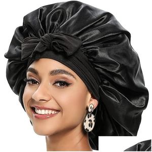 Bonnet / Casquettes de tête de mort Bonnet / Skl Bonnets soyeux et lisses Bonnet de nuit en satin Bandeau de grande taille Logo personnalisé Douche de bonnet souple pour perruque Ha Dh1S2