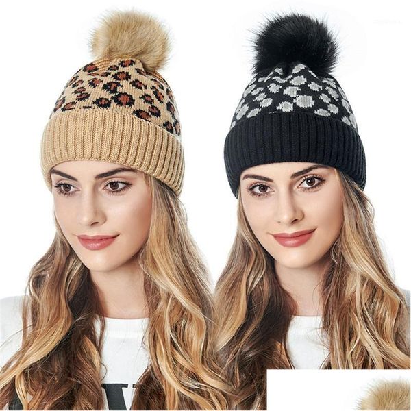 Beanie/Skull Caps Beanie/Skl Femmes Chapeau Imprimé Léopard Chaud Bonnets Tricotés Pour Dames Boule De Fourrure Automne Hiver Femme Cap Noir Blanc 202 Dhoau