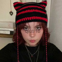 Bonnet/Crâne Casquettes Bonnet/Crâne Casquettes Y2k Accessoires E Filles Chapeaux Mignon Chat Oreille Rayure Tricoté Chapeau Printemps Mode Fée Grunge Emo Enfants Scène Kawaii Casquettes 230717 x0922