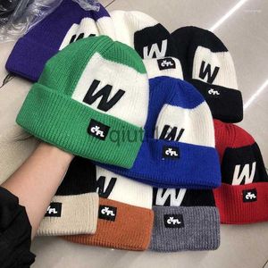 Beanie/Skull Caps Mutsen Herfst- en Wintermodellen W Letter Kleurblokken Contrasterende Kleur Wollen Muts Dames Warm Groot Elastisch Casual Gebreid Koud x0922