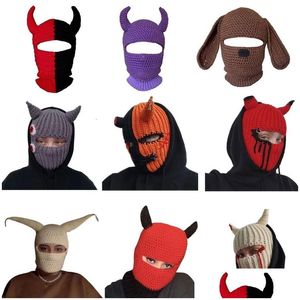 Bonnet/Crâne Caps Beanieskl Halloween Cornes Drôles Créatif Bonnet Tricoté Bonnets Chaud Fl Visage ER Masque De Ski Coupe-Vent Clava Pour L'extérieur Sp Dhbes