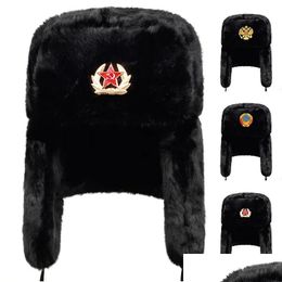 Beanie/Skull Caps Beanieskl Russian Bomber Cap Outdoor Warm Earmuffs Men And Women Winter Ski Military Badge Thickened Hats 231122 Dro Dhwig