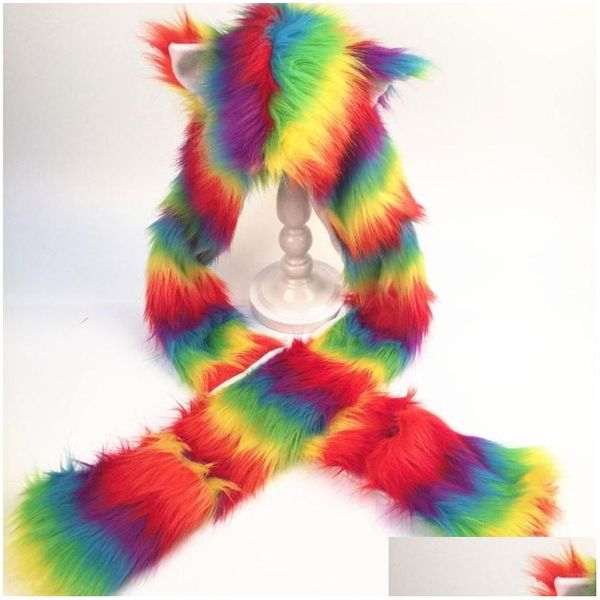 Beanie / Skull Caps Beanieskl Mujeres Rainbow Stripes Furry Animal Sudadera con capucha Sombrero Fluffy Peluche Orejas Patas 3 en 1 Mtifuncional Earflap Cap Scar Dhlav