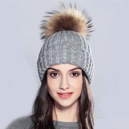 Beanie/Skull Caps Beaniesskl Xthree gebreide hoed voor vrouwen Winter Wool Luxe beanies Sklies Real Fur Pom Girl